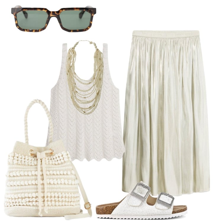 Outfit donna - Gonna in lino e top a crochet. Stile Casual chic per Tutti i giorni. Abbinamento con gonne longuette, canottiere, borse a secchiello, occhiali da sole, collane, sandali.
