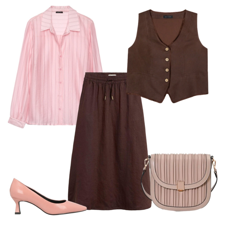 Outfit donna - Total look #2429223. Stile Casual chic per Ufficio. Abbinamento con décolleté, gonne lunghe, borse a tracolla, gilet, camicie.