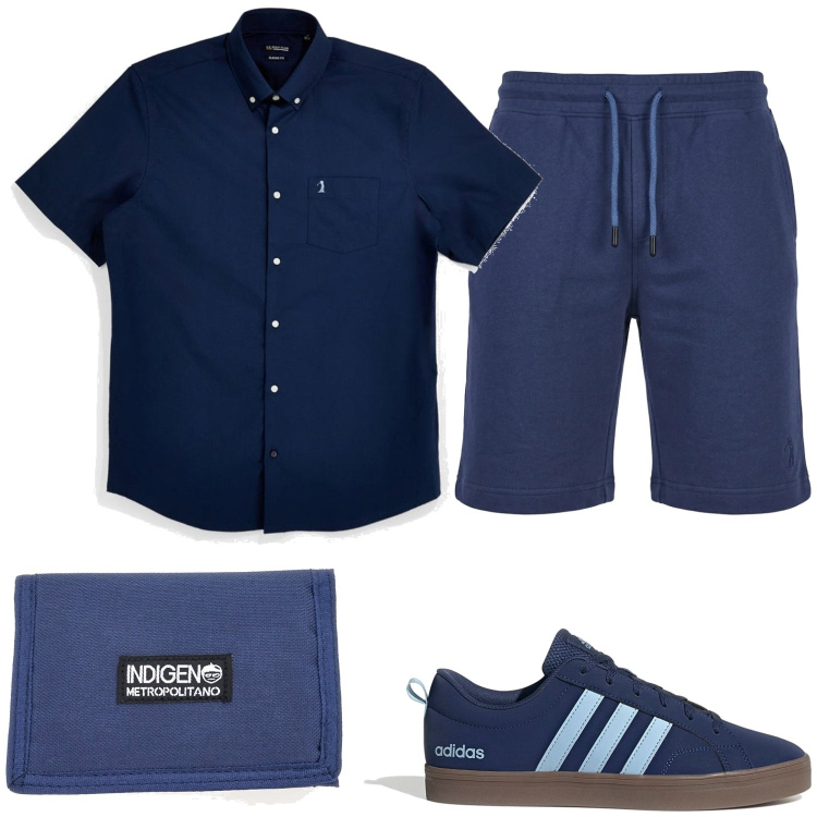 Outfit uomo - Estate navy. Stile Casual per Tutti i giorni. Abbinamento con pantaloni corti, portafogli, camicie a manica corta, sneakers.