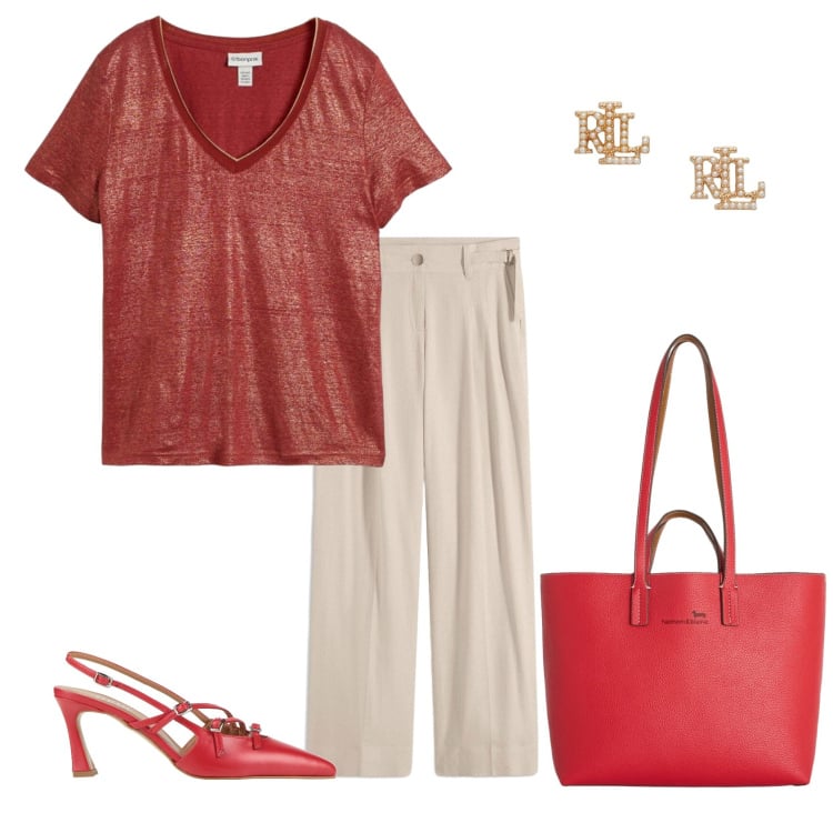 Outfit donna - Total look #2429226. Stile Casual chic per Tutti i giorni. Abbinamento con décolleté, t-shirt, pantaloni a palazzo, shopping bag, orecchini.