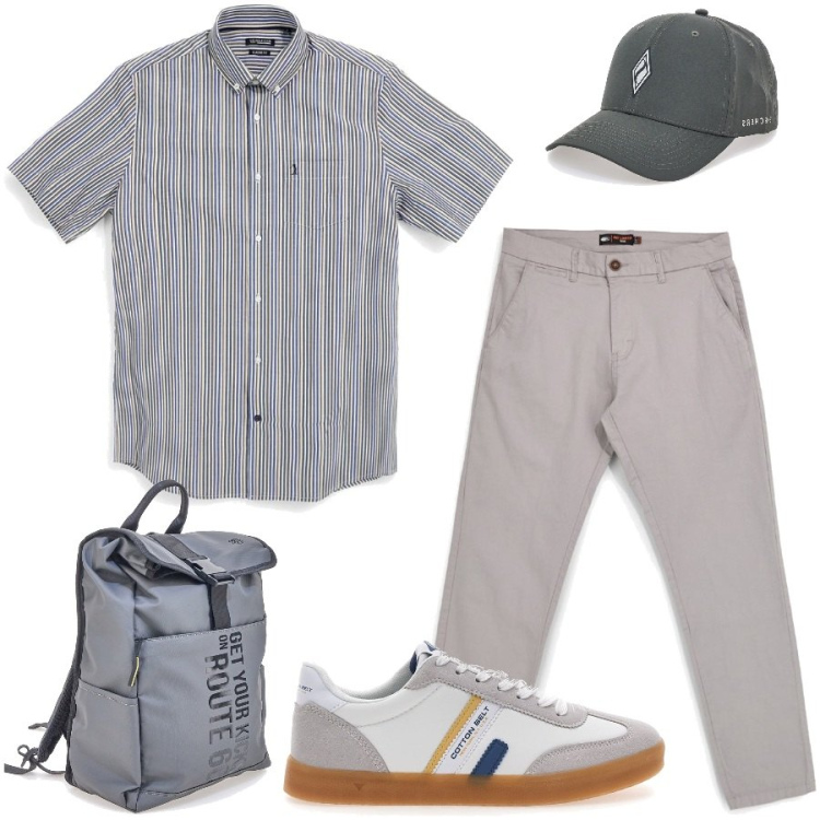 Outfit uomo - Total look #2429227. Stile Casual per Ufficio. Abbinamento con sneakers, borse sportive, pantaloni, camicie a manica corta, cappelli con visiera.