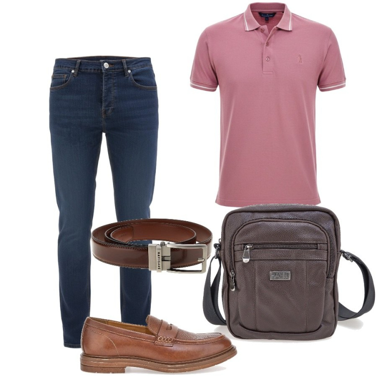 Outfit uomo - Total look #2429228. Stile Trendy per Ufficio. Abbinamento con scarpe stringate, cinture, borse sportive, polo, jeans slim fit.