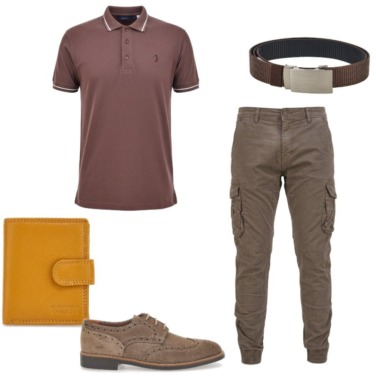 Outfit uomo - Total look #2429231. Stile Casual per Ufficio. Abbinamento con scarpe stringate, portafogli, cinture, polo, pantaloni cargo.