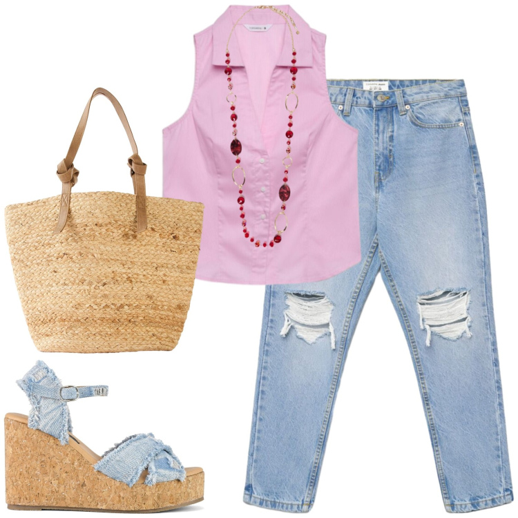 Outfit donna - Total look #2429232. Stile Casual chic per Tutti i giorni. Abbinamento con shopping bag, jeans mom, camicie a manica corta, collane, zeppe.