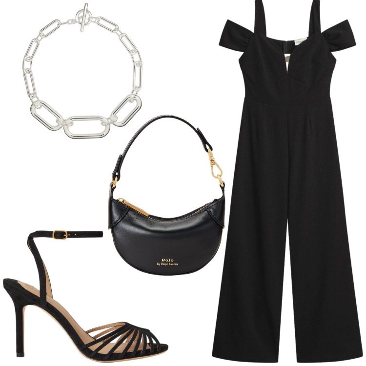 Outfit donna - Total look #2429234. Stile Sexy per Serata fuori. Abbinamento con tute, portafogli, sandali col tacco, collane.