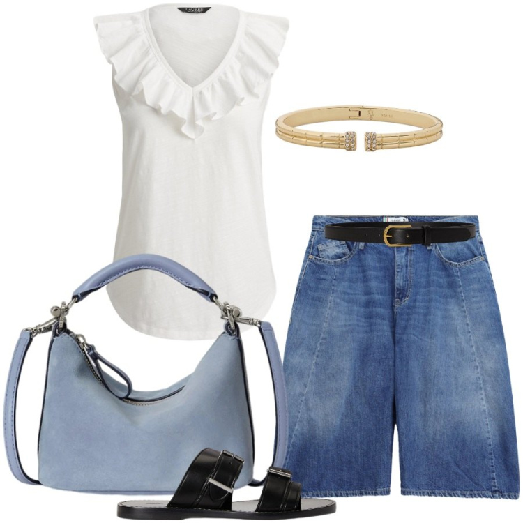 Outfit donna - Total look #2429235. Stile Casual chic per Tutti i giorni. Abbinamento con bermuda, top, sandali in pelle, borse a spalla, braccialetti, cinture.