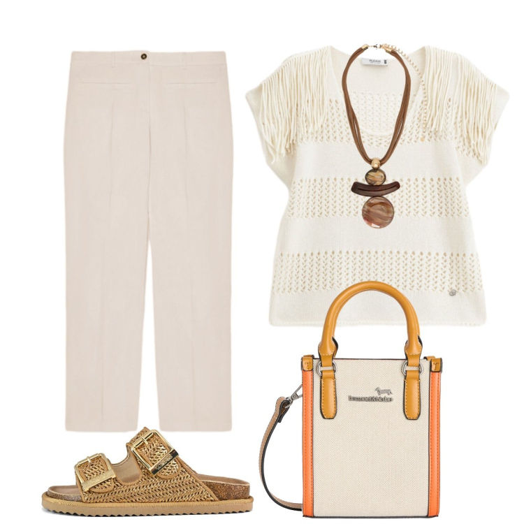 Outfit donna - Luglio. Stile Minimal per Tutti i giorni. Abbinamento con borse tote, ciondoli, pantaloni, top, sandali.
