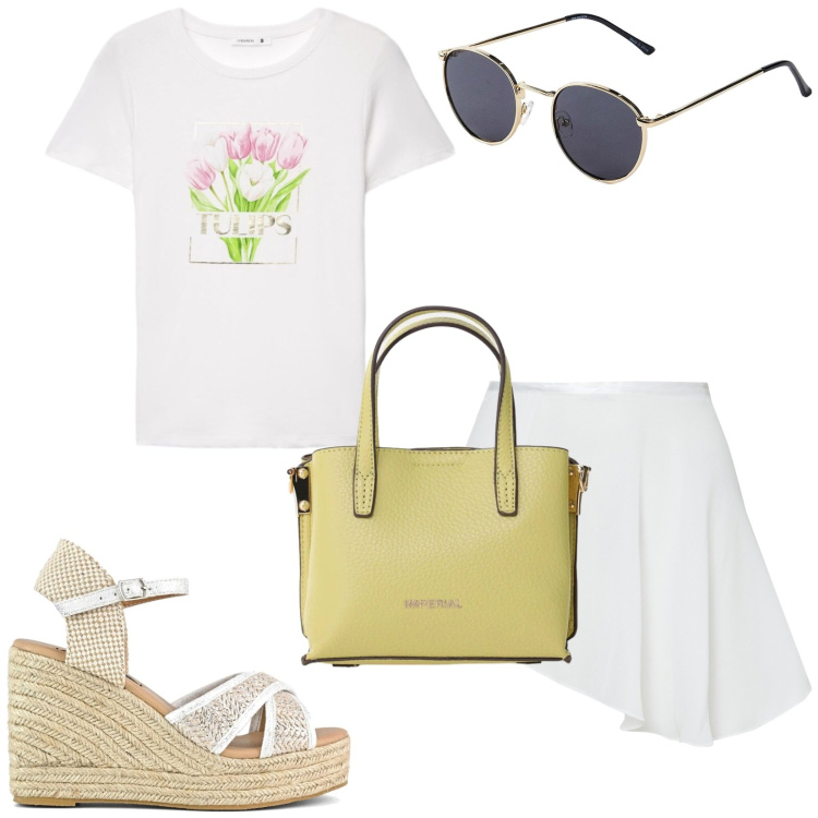 Outfit donna - Total look #2429241. Stile Casual chic per Tutti i giorni. Abbinamento con occhiali da sole, t-shirt, minigonne, borse a tracolla, zeppe.