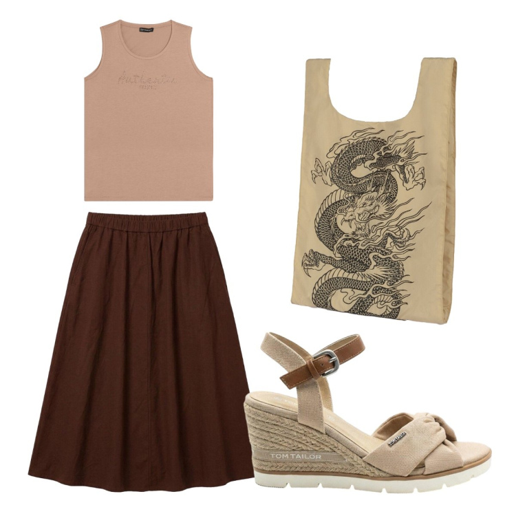Outfit donna - Gonna lino. Stile Basic per Tutti i giorni. Abbinamento con gonne longuette, sandali col tacco, canottiere, shopping bag.