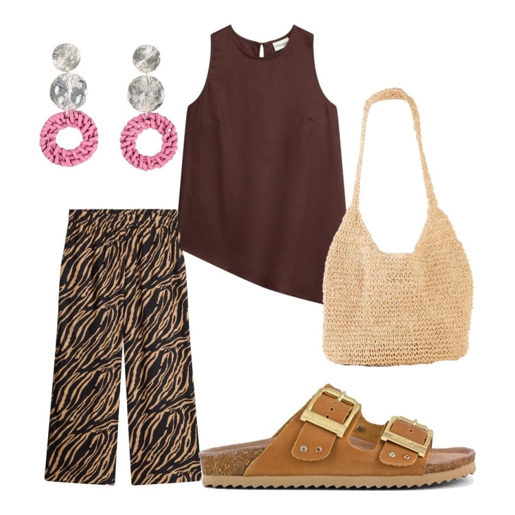 Outfit donna - Top lino. Stile Casual per Serata fuori. Abbinamento con canottiere, pantaloni, shopping bag, orecchini, sandali.
