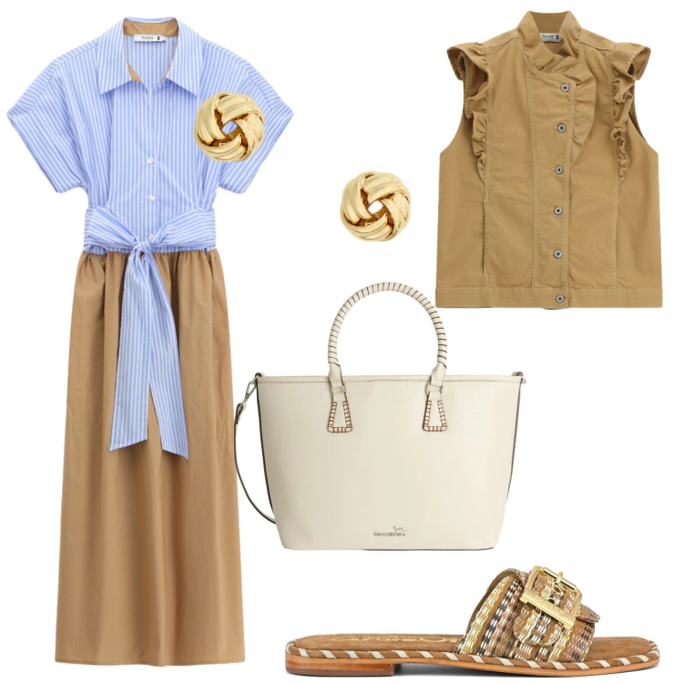 Outfit donna - Shopping la mattina. Stile Casual per Tutti i giorni. Abbinamento con shopping bag, gilet, vestiti midi/longuette, orecchini, ciabatte.