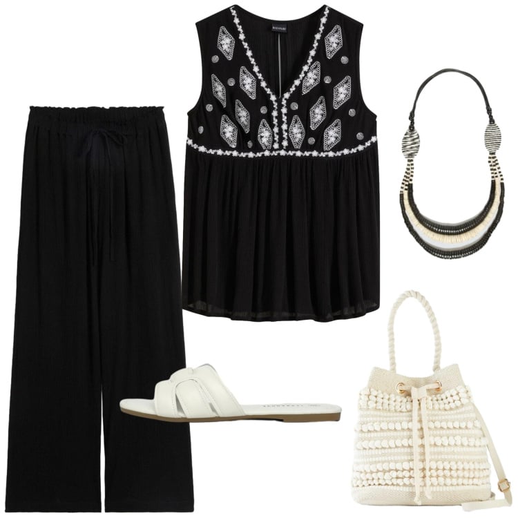 Outfit donna - Sognando luoghi esotici. Stile Etnico per Tutti i giorni. Abbinamento con pantaloni a palazzo, top, borse a secchiello, ciabatte, collane.