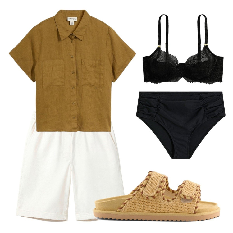 Outfit donna - Camicia lino. Stile Urban per Tutti i giorni. Abbinamento con culotte, camicie a manica corta, bermuda, reggiseni, sandali.