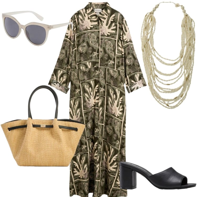 Outfit donna - Maxi dress. Stile Urban per Tutti i giorni. Abbinamento con occhiali da sole, sandali col tacco, shopping bag, vestiti chemisier, collane.