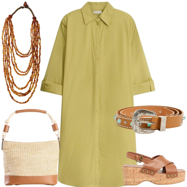Outfit donna - Freschezza verde lime. Stile Casual chic per Tutti i giorni. Abbinamento con vestiti chemisier, zeppe, borse a mano, cinture, collane.