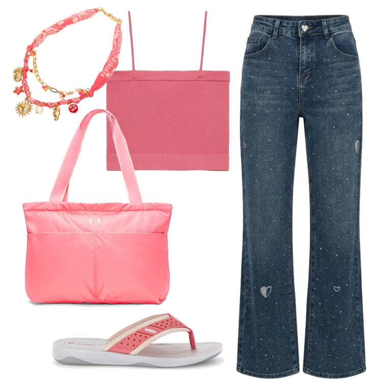 Outfit donna - Watermelon Pink summer. Stile Basic per Mare. Abbinamento con top, jeans a zampa, collane, infradito, borse tote.