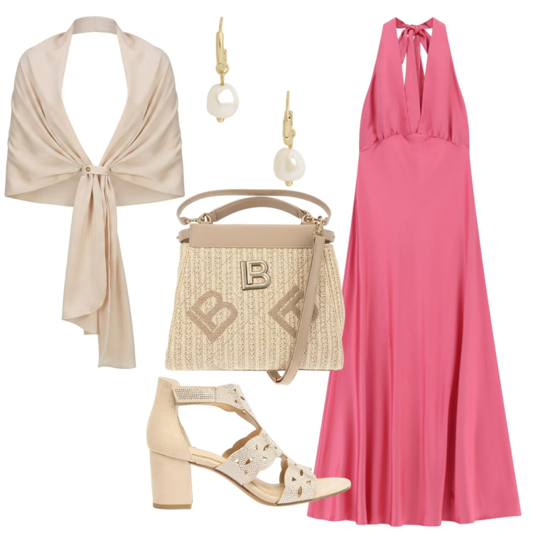Outfit donna - Watermelon Pink dress. Stile Romantica per Serata fuori. Abbinamento con sandali col tacco, stole, vestiti lunghi, orecchini, borse a tracolla.