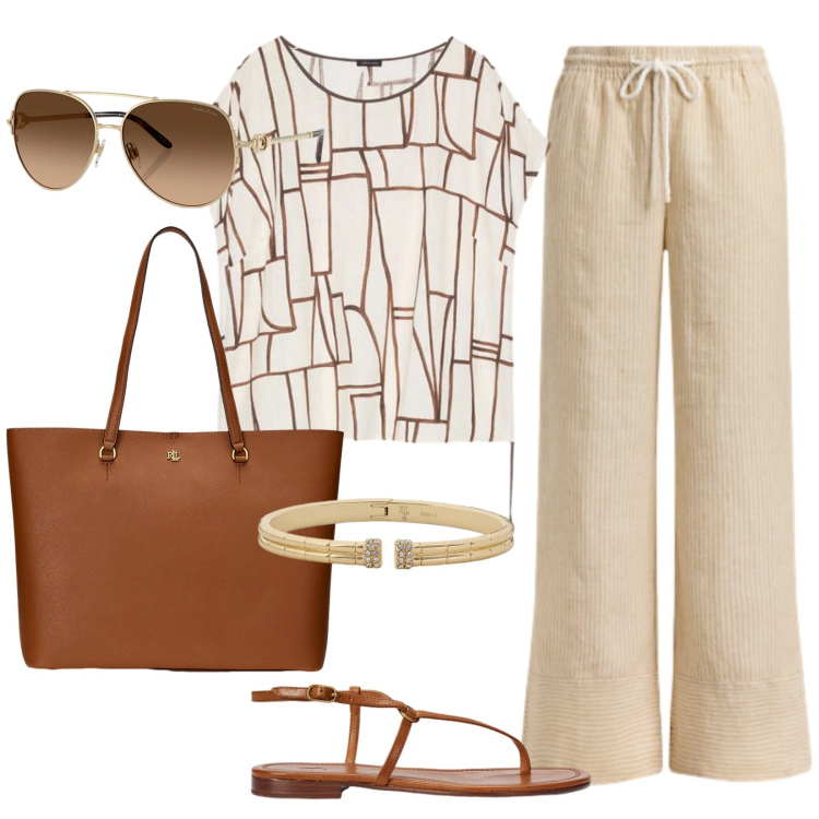 Outfit donna - Semplicità perfetta. Stile Minimal per Tutti i giorni. Abbinamento con t-shirt, borse tote, occhiali da sole, sandali in pelle, pantaloni, braccialetti.