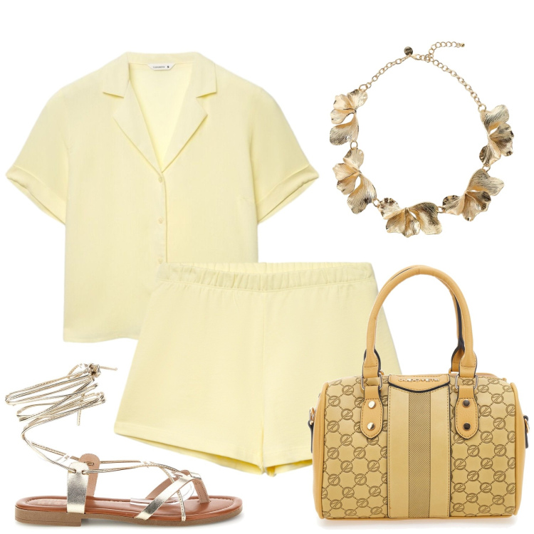 Outfit donna - In shorts. Stile Casual chic per Tutti i giorni. Abbinamento con camicie a manica corta, shorts, collane, sandali alla schiava, borse a spalla.