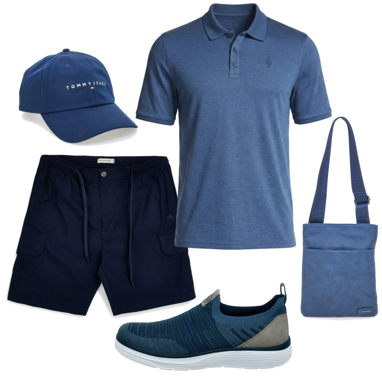 Outfit uomo - Only blue. Stile Casual per Tutti i giorni. Abbinamento con portafogli, scarpe stringate, cappelli con visiera, shorts, polo.