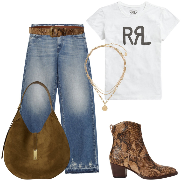 Outfit donna - Total look #2429285. Stile Casual chic per Tutti i giorni. Abbinamento con jeans, cinture, t-shirt, borse a spalla, stivaletti, ciondoli.