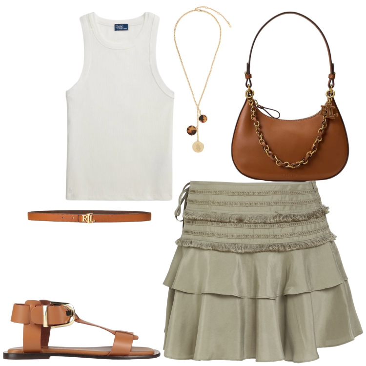 Outfit donna - Total look #2429286. Stile Casual chic per Tutti i giorni. Abbinamento con minigonne, sandali alla schiava, canottiere, borse a spalla, cinture, collane.