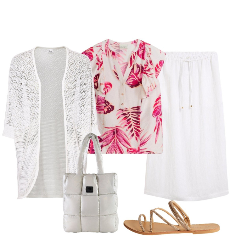 Outfit donna - Total look #2429288. Stile Bon Ton per Ufficio. Abbinamento con cardigans, gonne lunghe, bluse, sandali, shopping bag.