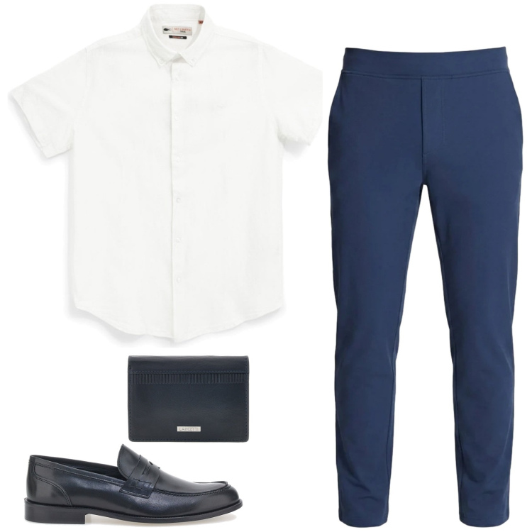 Outfit uomo - La camicia bianca. Stile Trendy per Ufficio. Abbinamento con portafogli, scarpe stringate, camicie a manica corta, pantaloni.