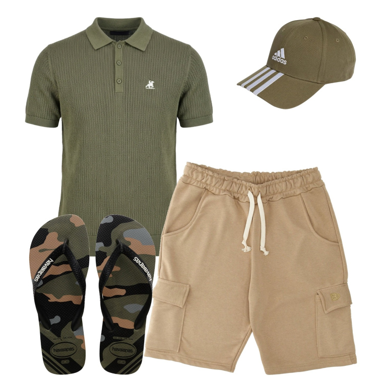 Outfit uomo - Pittarello summer collection. Stile Casual per Tutti i giorni. Abbinamento con cappelli con visiera, pantaloni corti, sandali, polo.