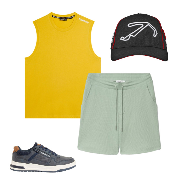 Outfit uomo - Esco a fare jogging. Stile Casual per Tutti i giorni. Abbinamento con sneakers, cappelli con visiera, bermuda, canottiere.