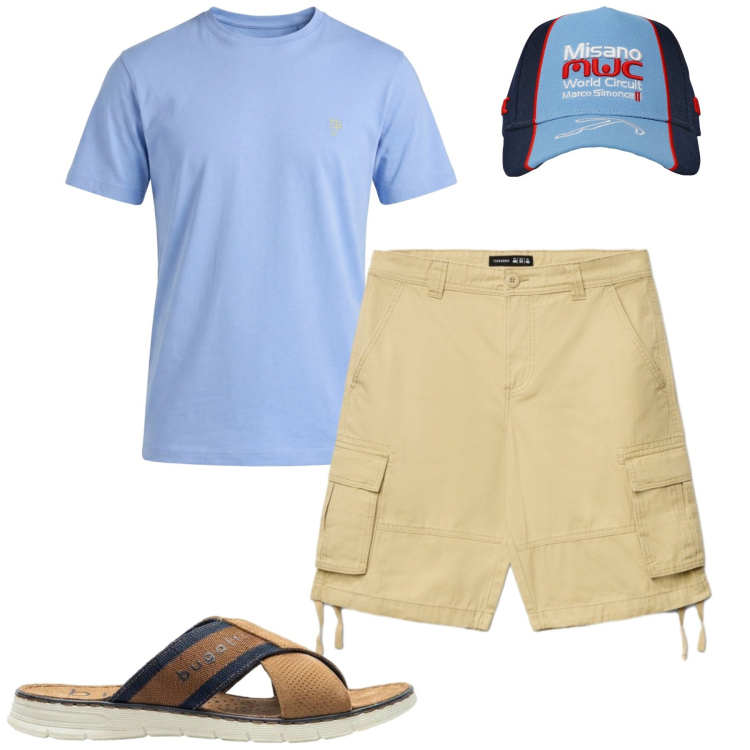 Outfit uomo - In libertà. Stile Casual per Tutti i giorni. Abbinamento con sandali, t-shirt, cappelli, shorts.