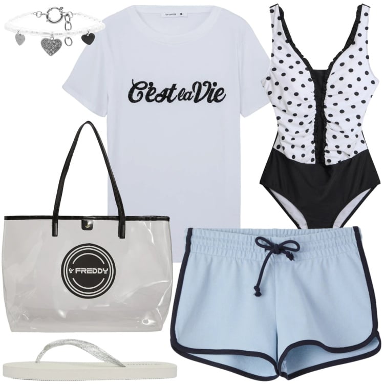 Outfit donna - Le mie giornate al mare. Stile Basic per Mare. Abbinamento con costumi interi, t-shirt, infradito, shorts, shopping bag, braccialetti.