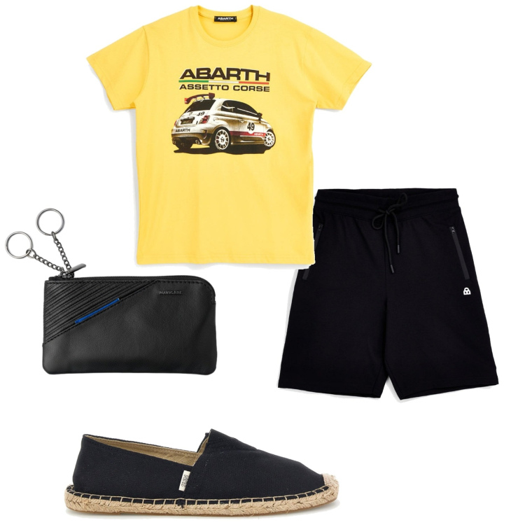 Outfit uomo - Summer Pittarello. Stile Casual per Tutti i giorni. Abbinamento con t-shirt, shorts, espadrillas, portamonete.