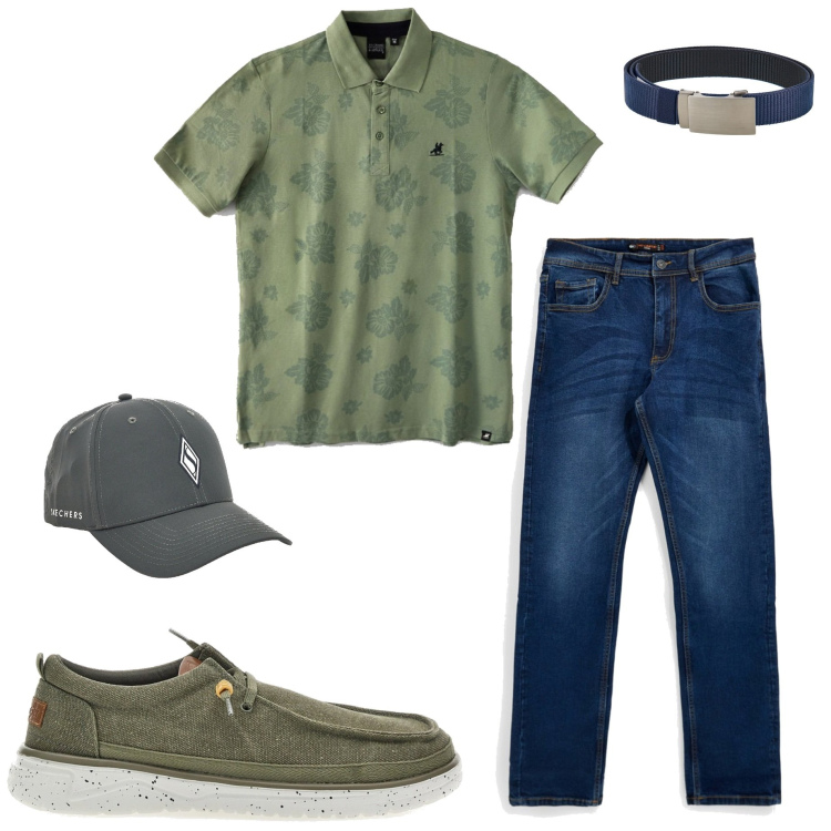 Outfit uomo - Summer Pittarello. Stile Urban per Tutti i giorni. Abbinamento con scarpe stringate, jeans, cinture, polo, cappelli con visiera.