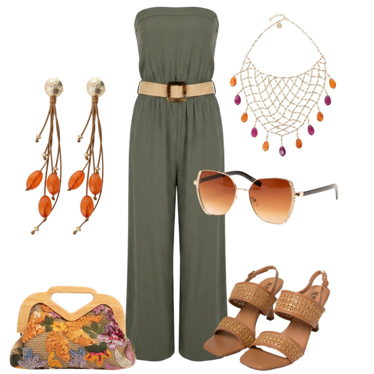 Outfit donna - Le sere d’estate. Stile Trendy per Serata fuori. Abbinamento con collane, orecchini, tute, clutch, sandali in pelle, occhiali da sole.