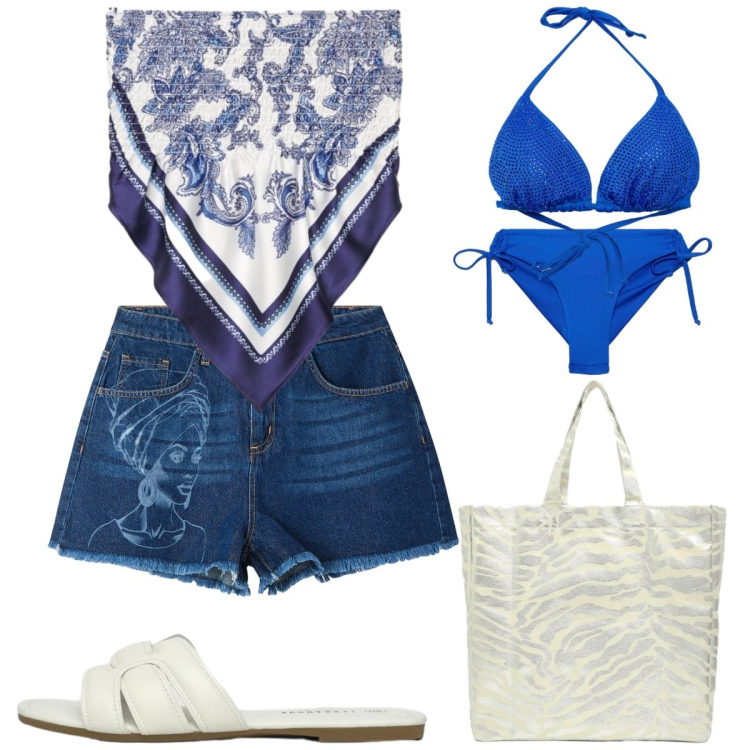 Outfit donna - Pronti per il mare. Stile Minimal per Tutti i giorni. Abbinamento con top, shorts, shopping bag, bikini, ciabatte, bikini.