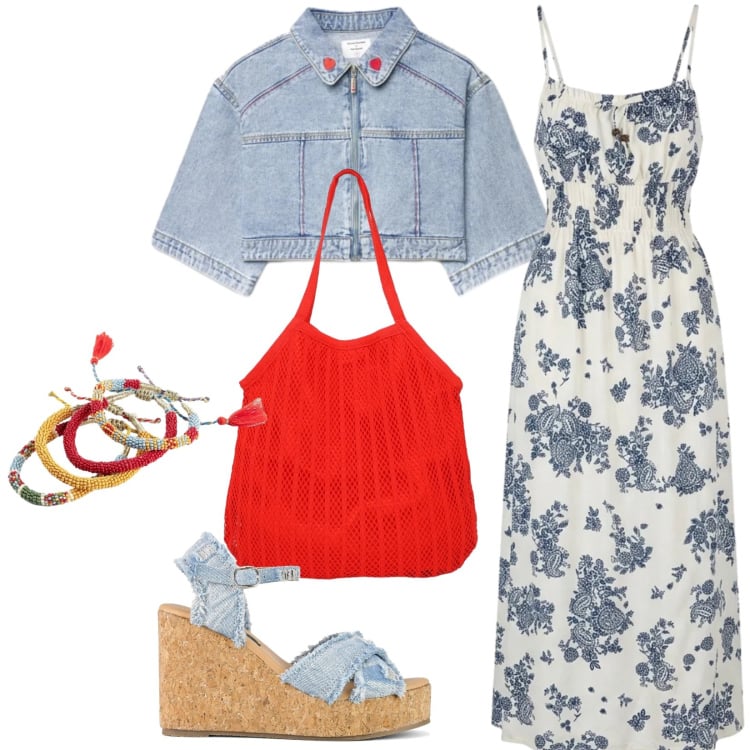 Outfit donna - Total look #2429320. Stile Casual per Tutti i giorni. Abbinamento con braccialetti, vestiti lunghi, cappotti, shopping bag, zeppe.