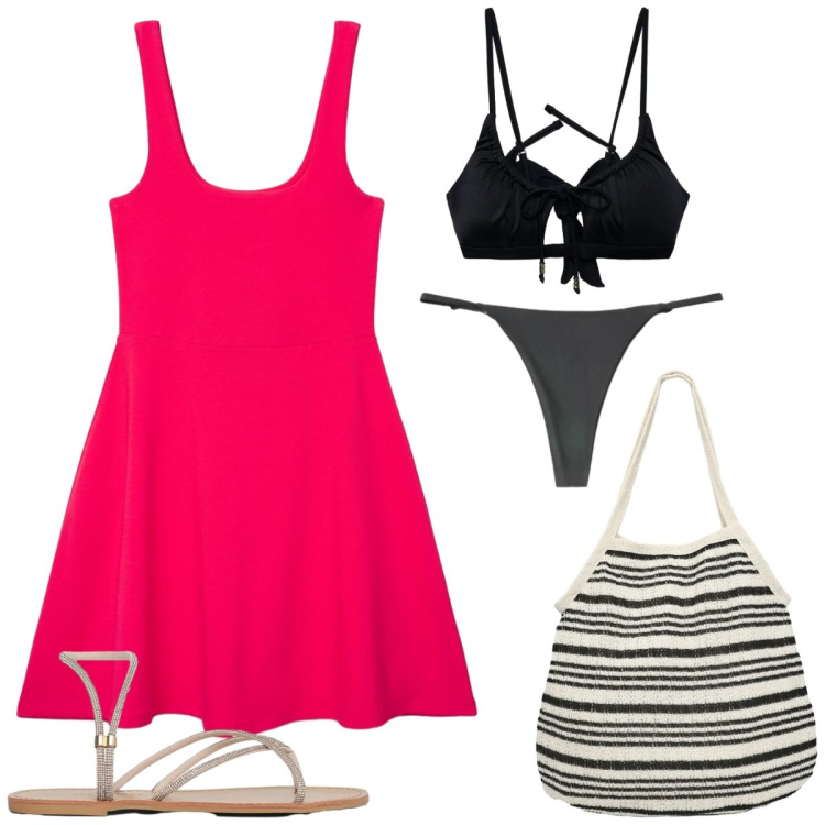 Outfit donna - Al mare. Stile Minimal per Tutti i giorni. Abbinamento con vestiti corti, sandali, shopping bag, bikini, bikini.