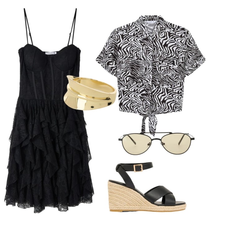Outfit donna - Happy birthday sister!. Stile Romantica per Serata fuori. Abbinamento con zeppe, vestiti corti, camicie a manica corta, braccialetti, occhiali da sole.