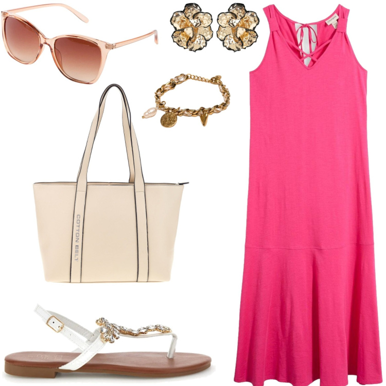 Outfit donna - Watermelon pink. Stile Basic per Tutti i giorni. Abbinamento con occhiali da sole, vestiti, orecchini, braccialetti, shopping bag, sandali gioiello.