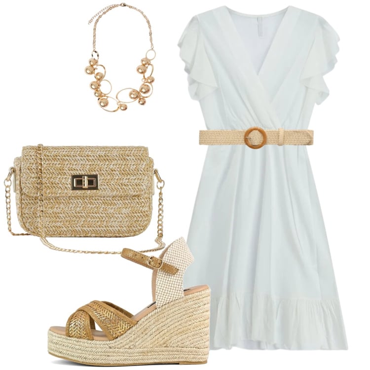 Outfit donna - In città. Stile Casual per Tutti i giorni. Abbinamento con borse a tracolla, cinture, vestiti corti, collane, zeppe.