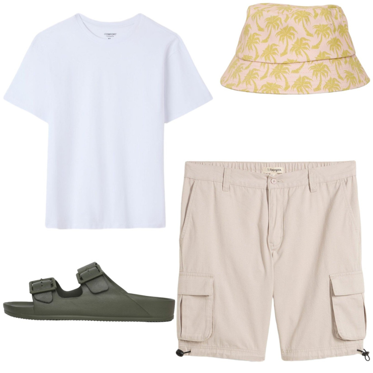Outfit uomo - Total look #2429330. Stile Casual per Tutti i giorni. Abbinamento con bermuda, cappelli con visiera, t-shirt, sandali.