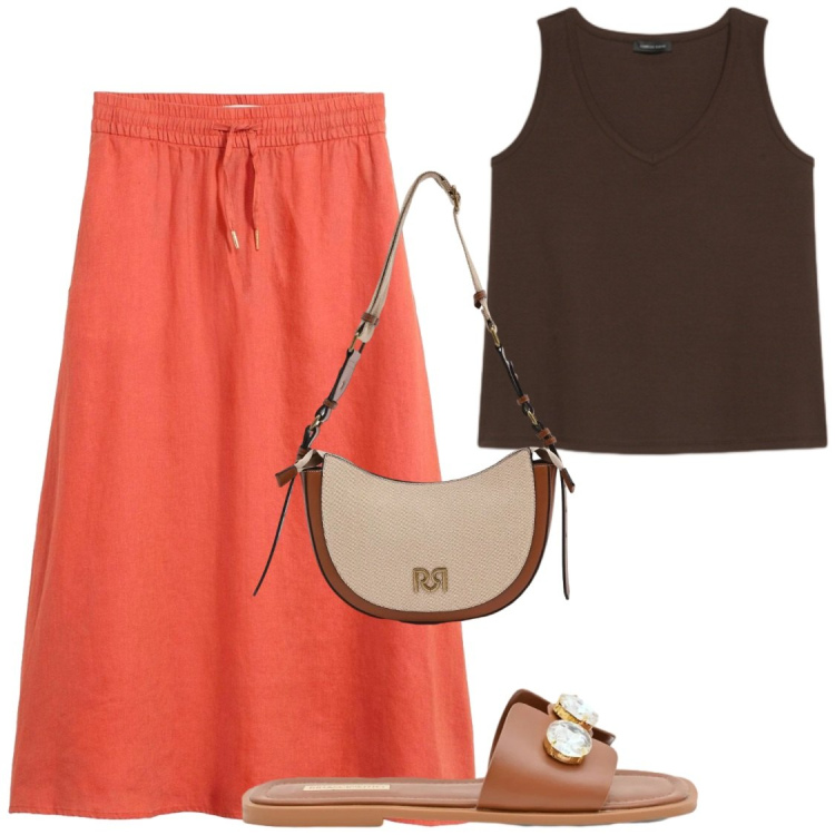 Outfit donna - Arancia e cioccolata. Stile Chic per Tutti i giorni. Abbinamento con gonne lunghe, sandali gioiello, borse a tracolla, canottiere.