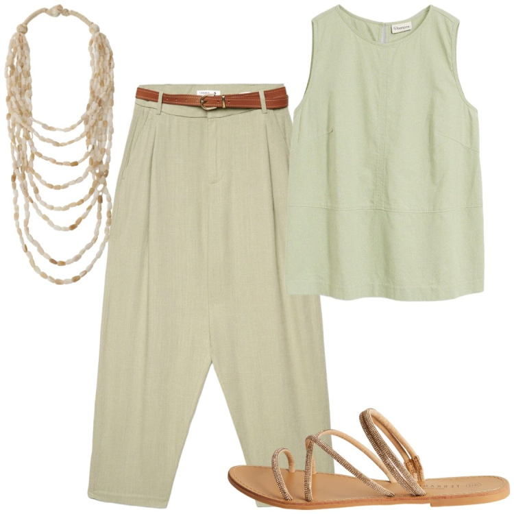 Outfit donna - Serate spensierate. Stile Chic per Serata fuori. Abbinamento con top, pantaloni chino, sandali, collane.