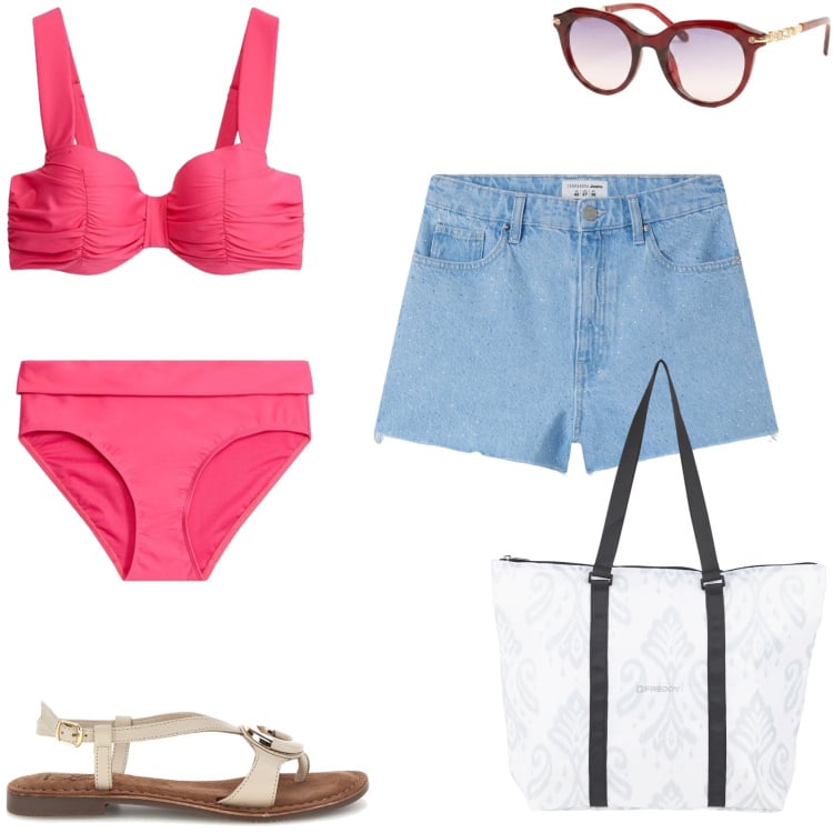 Outfit donna - In spiaggia. Stile Trendy per Mare. Abbinamento con bikini, shorts, shopping bag, occhiali da sole, sandali.