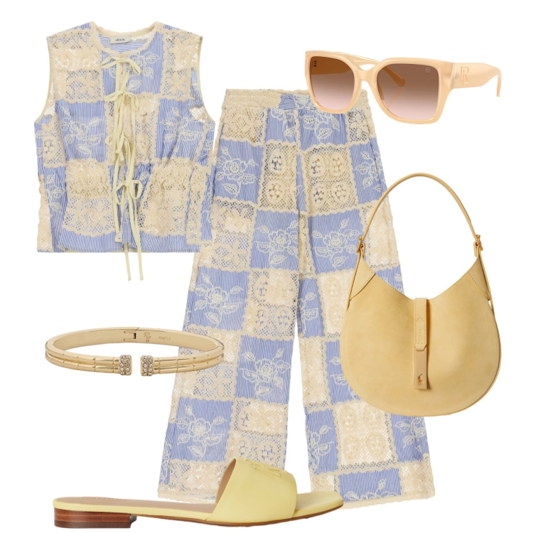 Outfit donna - Patchwork estivo. Stile Casual chic per Tutti i giorni. Abbinamento con occhiali da sole, ciabatte, borse a spalla, braccialetti, pantaloni a palazzo, top.
