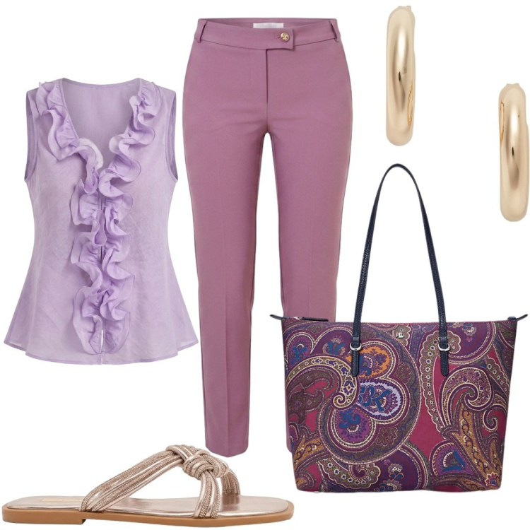 Outfit donna - Campo di lavanda. Stile Bon Ton per Tutti i giorni. Abbinamento con sandali, camicie a manica corta, pantaloni, orecchini, borse tote.