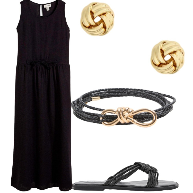 Outfit donna - Lino nero. Stile Chic per Serata fuori. Abbinamento con vestiti lunghi, cinture, sandali, orecchini.