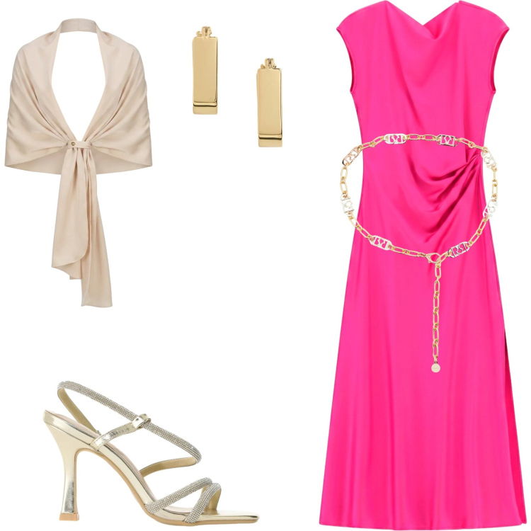 Outfit donna - Serata di Luglio. Stile Glamour per Serata fuori. Abbinamento con cinture, stole, sandali col tacco, vestiti midi/longuette, orecchini.