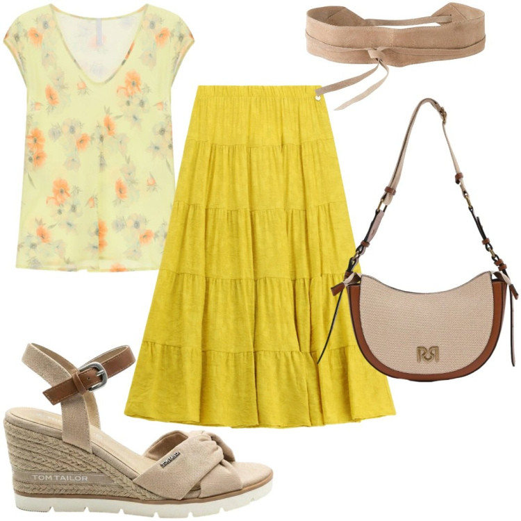 Outfit donna - Come un girasole. Stile Casual chic per Serata fuori. Abbinamento con cinture, sandali col tacco, borse a tracolla, gonne lunghe, top.